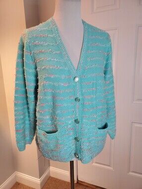 Isaac Mizrahi Aqua and Pink Striped Eyelash Yarn Button Cardigan